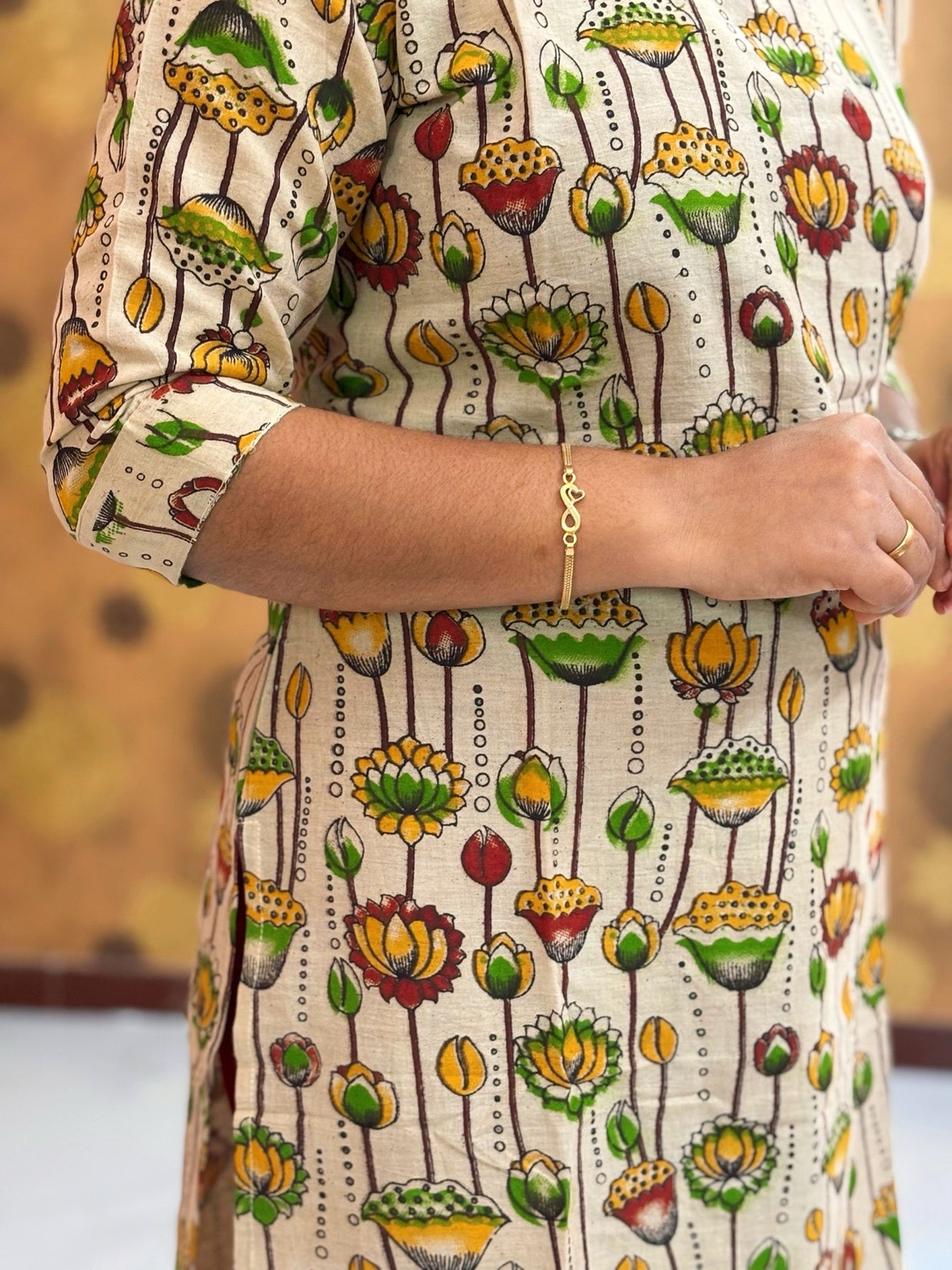 Kalamkari Hand Block Print with Lotus & Peacock Designs - KAL 1222