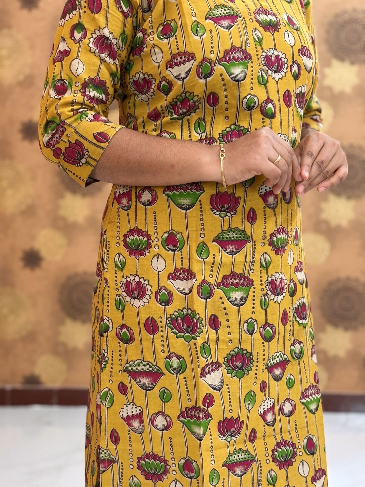 Kalamkari Hand Block Print with Lotus & Peacock Designs - KAL 1223