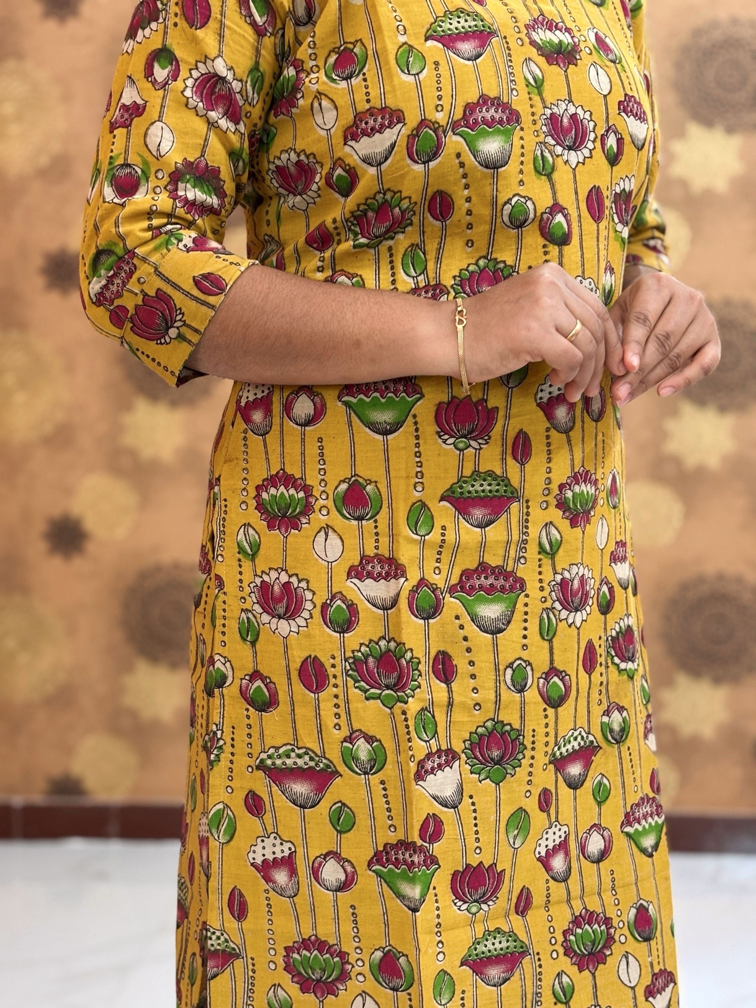 Kalamkari Hand Block Print with Lotus & Peacock Designs - KAL 1223