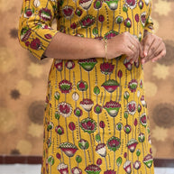 Kalamkari Hand Block Print with Lotus & Peacock Designs - KAL 1223
