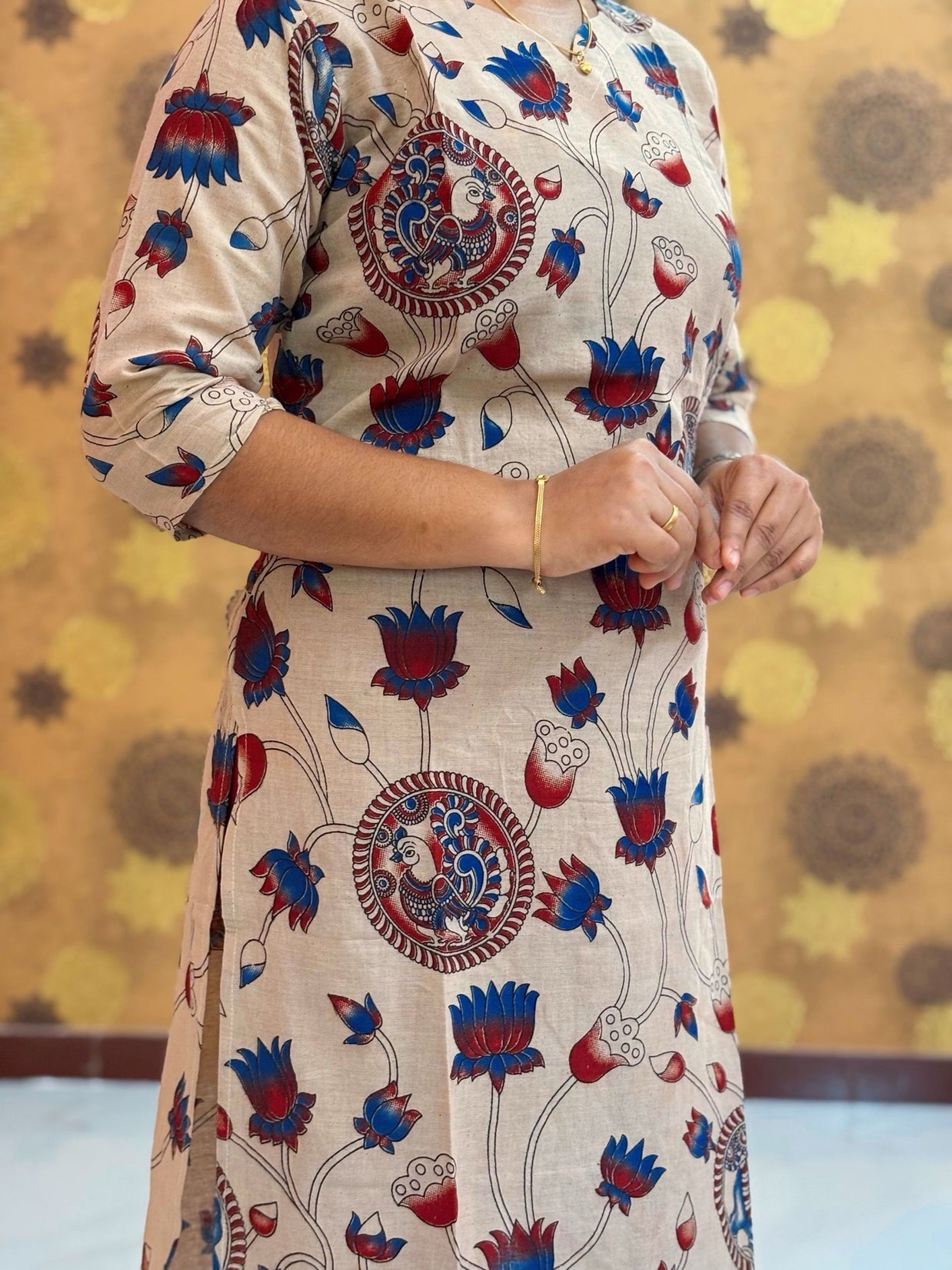 Kalamkari Hand Block Print with Lotus & Peacock Designs - KAL 1224
