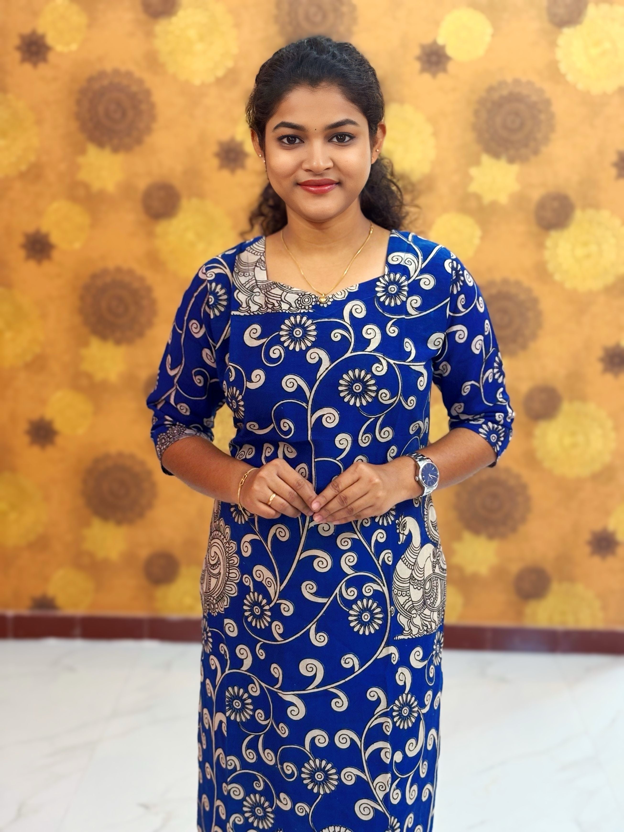 Kalamkari Hand Block Print with Lotus & Peacock Designs - KAL 1236