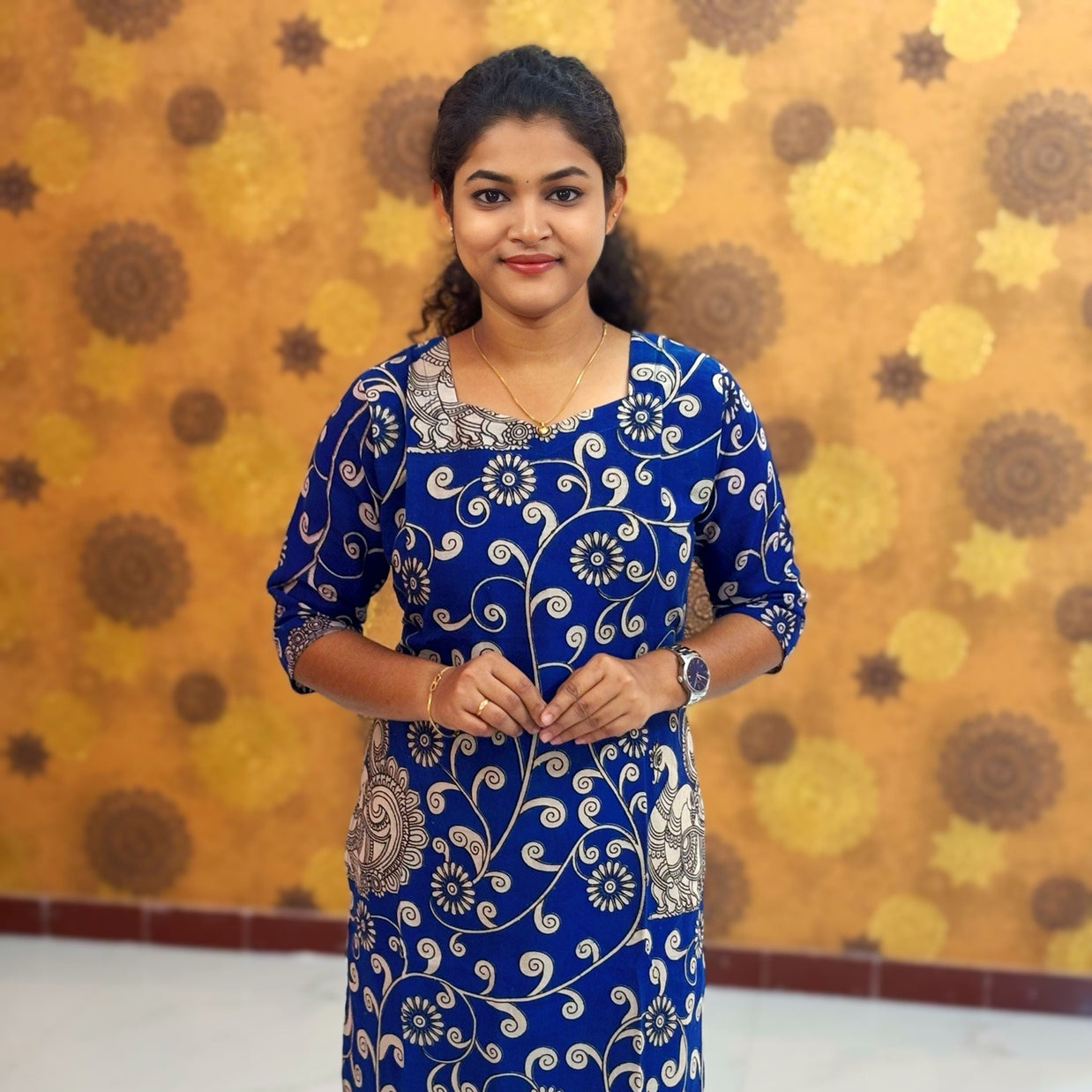Kalamkari Hand Block Print with Lotus & Peacock Designs - KAL 1236