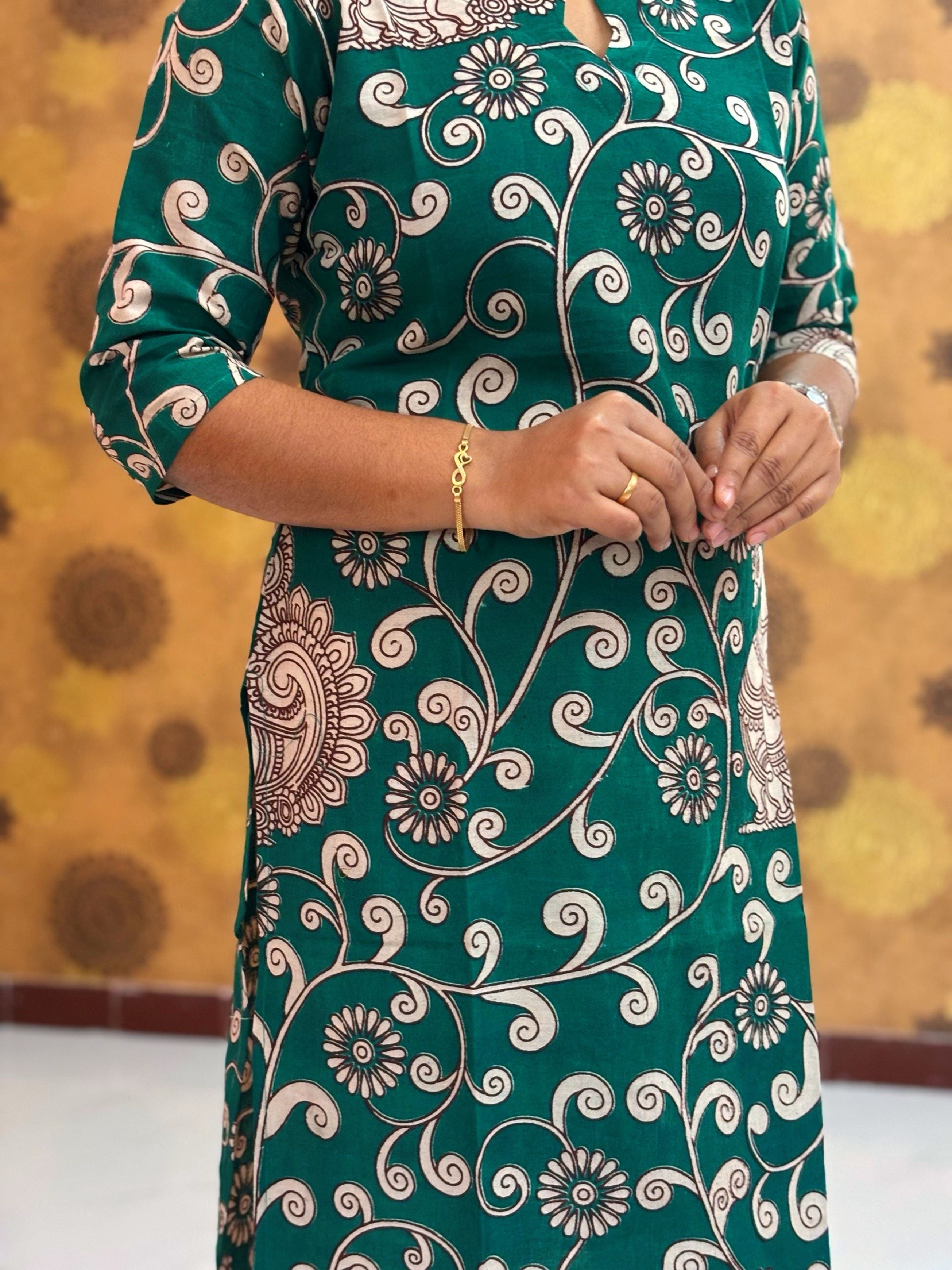 Kalamkari Hand Block Print with Lotus & Peacock Designs - KAL 1235