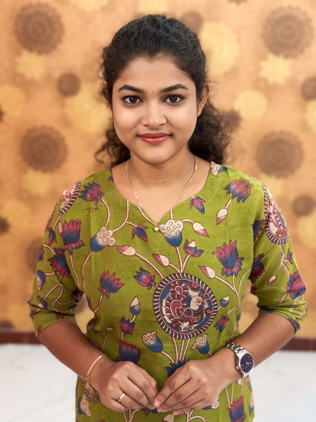 Kalamkari Hand Block Print with Lotus & Peacock Designs - KAL 1234