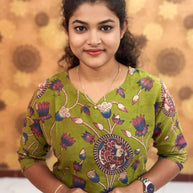 Kalamkari Hand Block Print with Lotus & Peacock Designs - KAL 1234