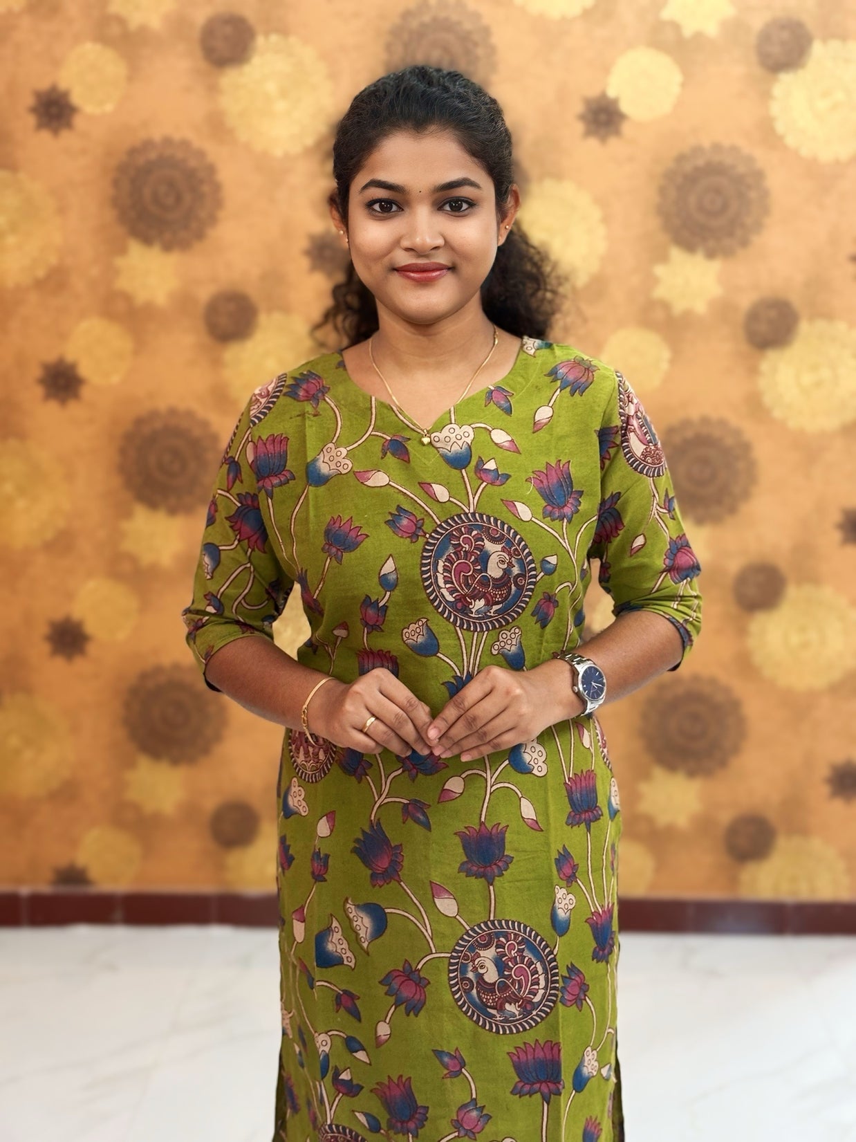 Kalamkari Hand Block Print with Lotus & Peacock Designs - KAL 1234