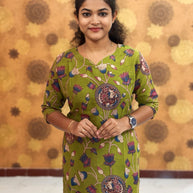 Kalamkari Hand Block Print with Lotus & Peacock Designs - KAL 1234