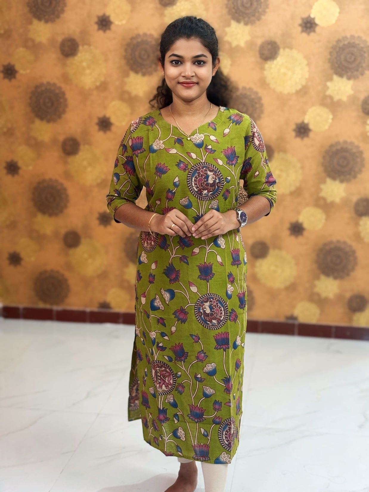 Kalamkari Hand Block Print with Lotus & Peacock Designs - KAL 1234