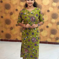 Kalamkari Hand Block Print with Lotus & Peacock Designs - KAL 1234
