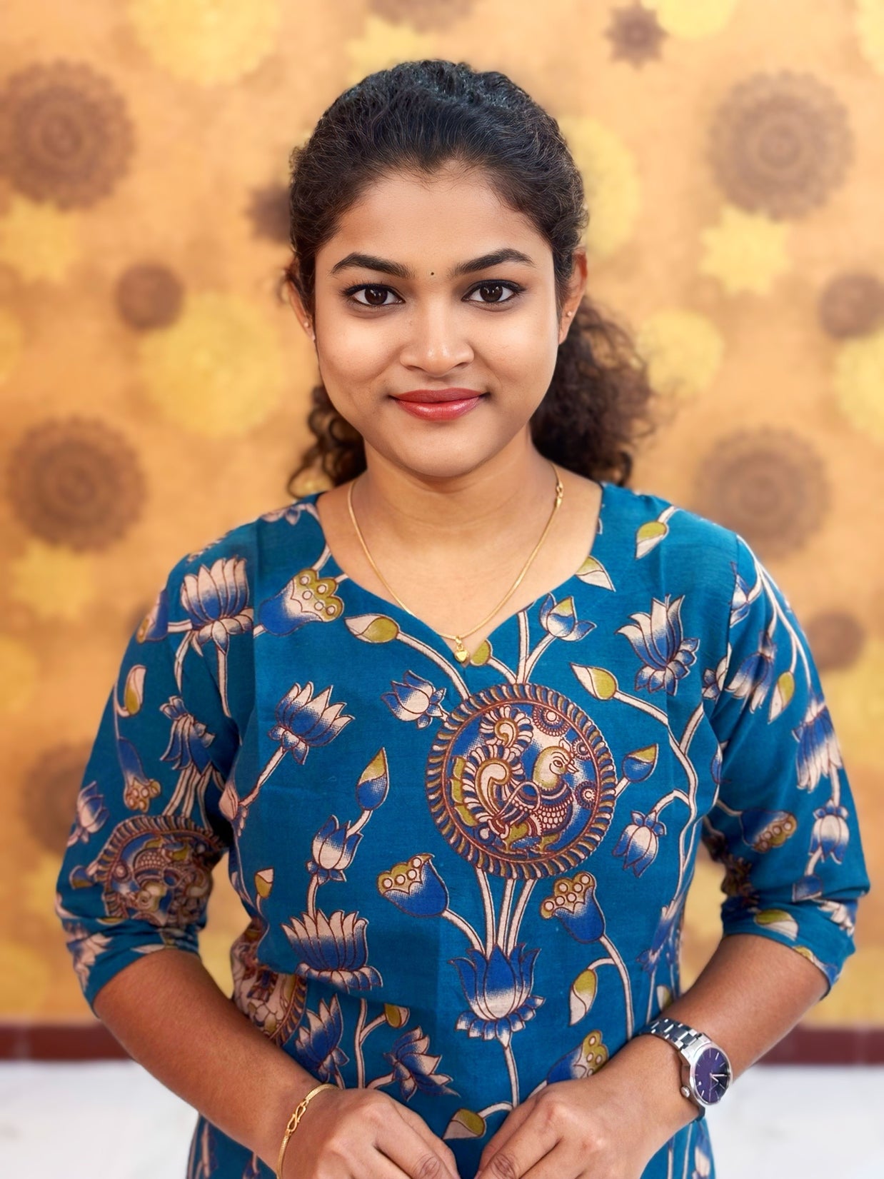 Kalamkari Hand Block Print with Lotus & Peacock Designs - KAL 1233