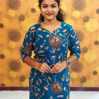 Kalamkari Hand Block Print with Lotus & Peacock Designs - KAL 1233