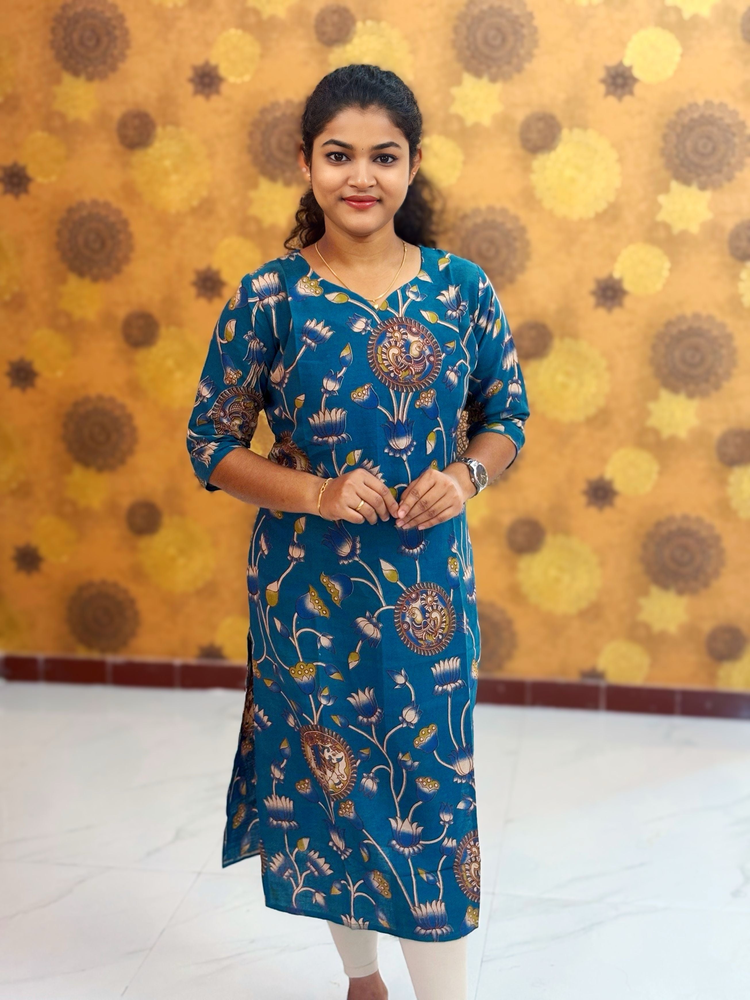 Kalamkari Hand Block Print with Lotus & Peacock Designs - KAL 1233