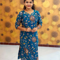 Kalamkari Hand Block Print with Lotus & Peacock Designs - KAL 1233