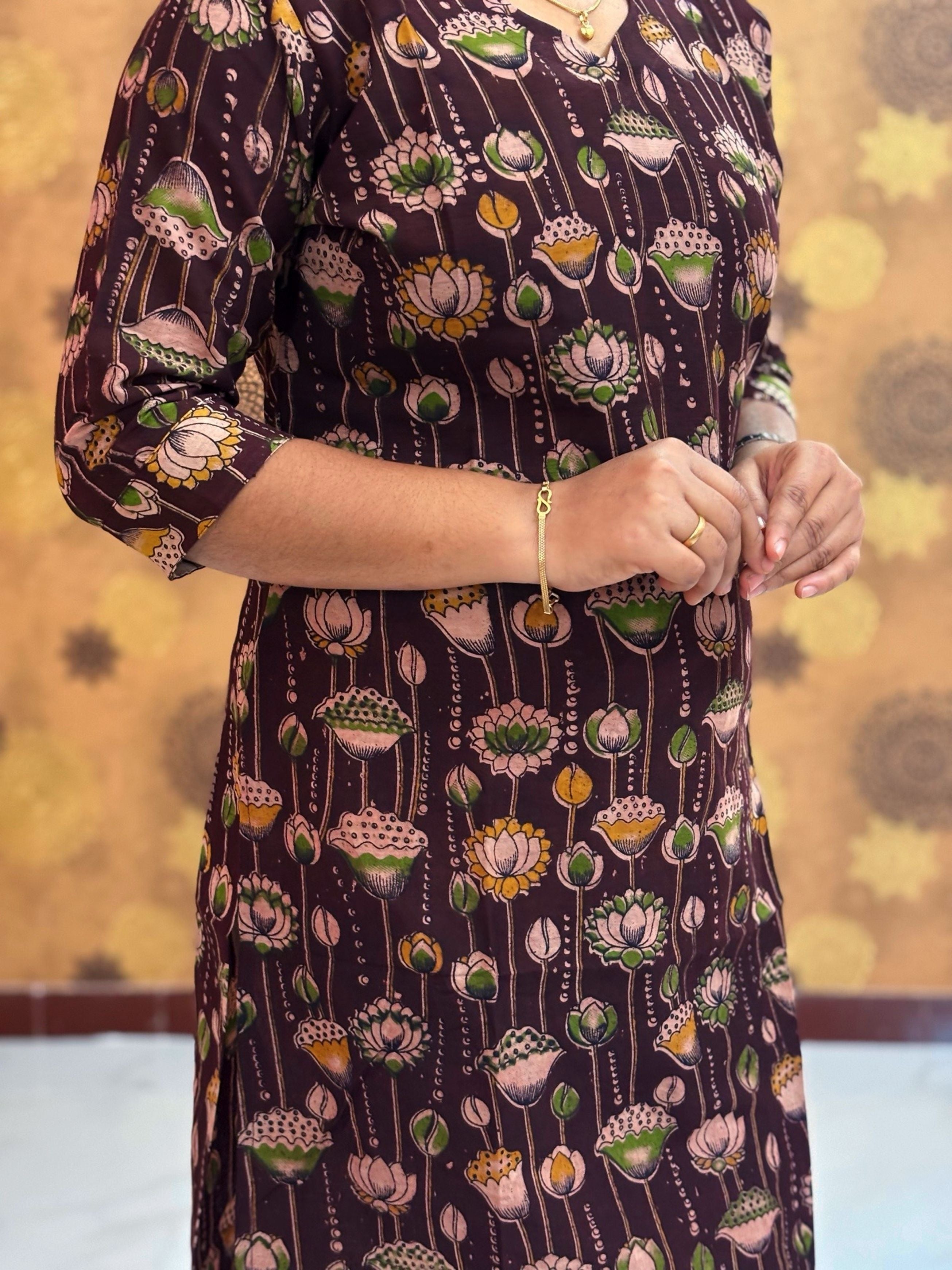 Kalamkari Hand Block Print with Lotus & Peacock Designs - KAL 1232