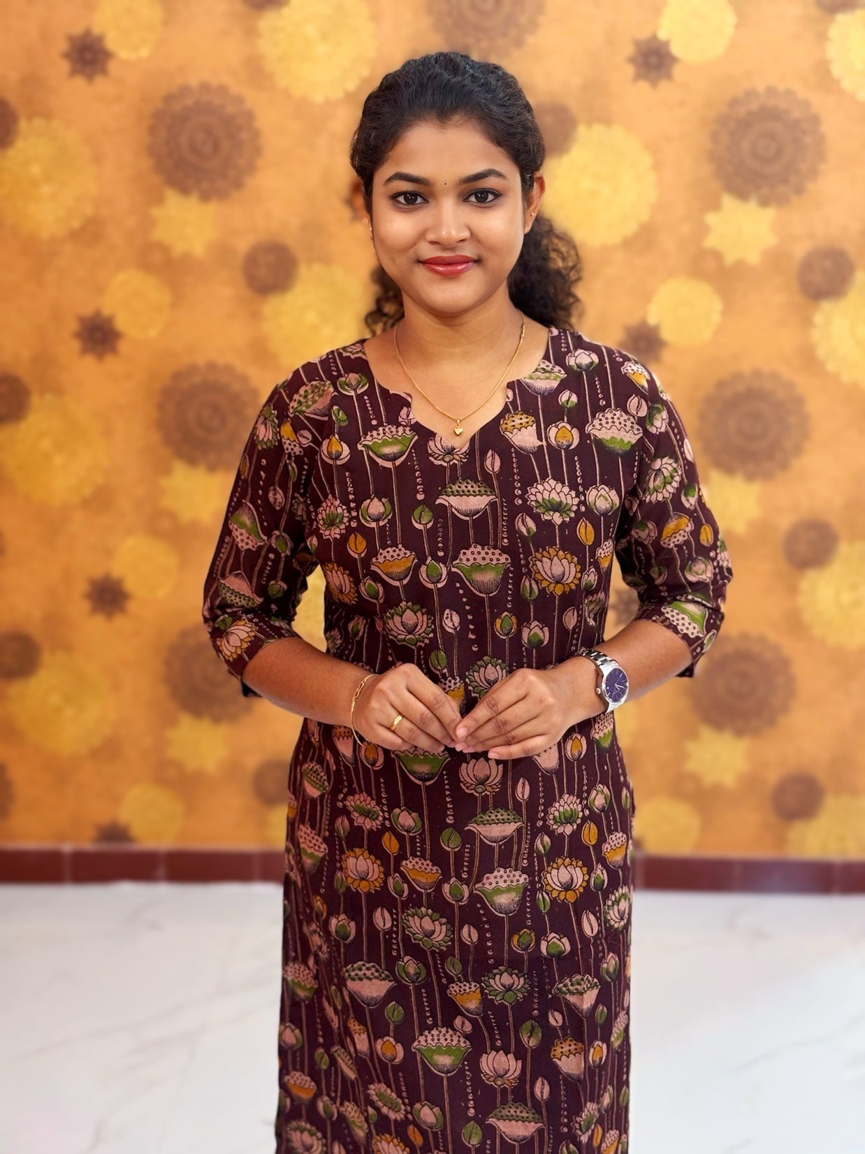 Kalamkari Hand Block Print with Lotus & Peacock Designs - KAL 1232