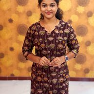 Kalamkari Hand Block Print with Lotus & Peacock Designs - KAL 1232