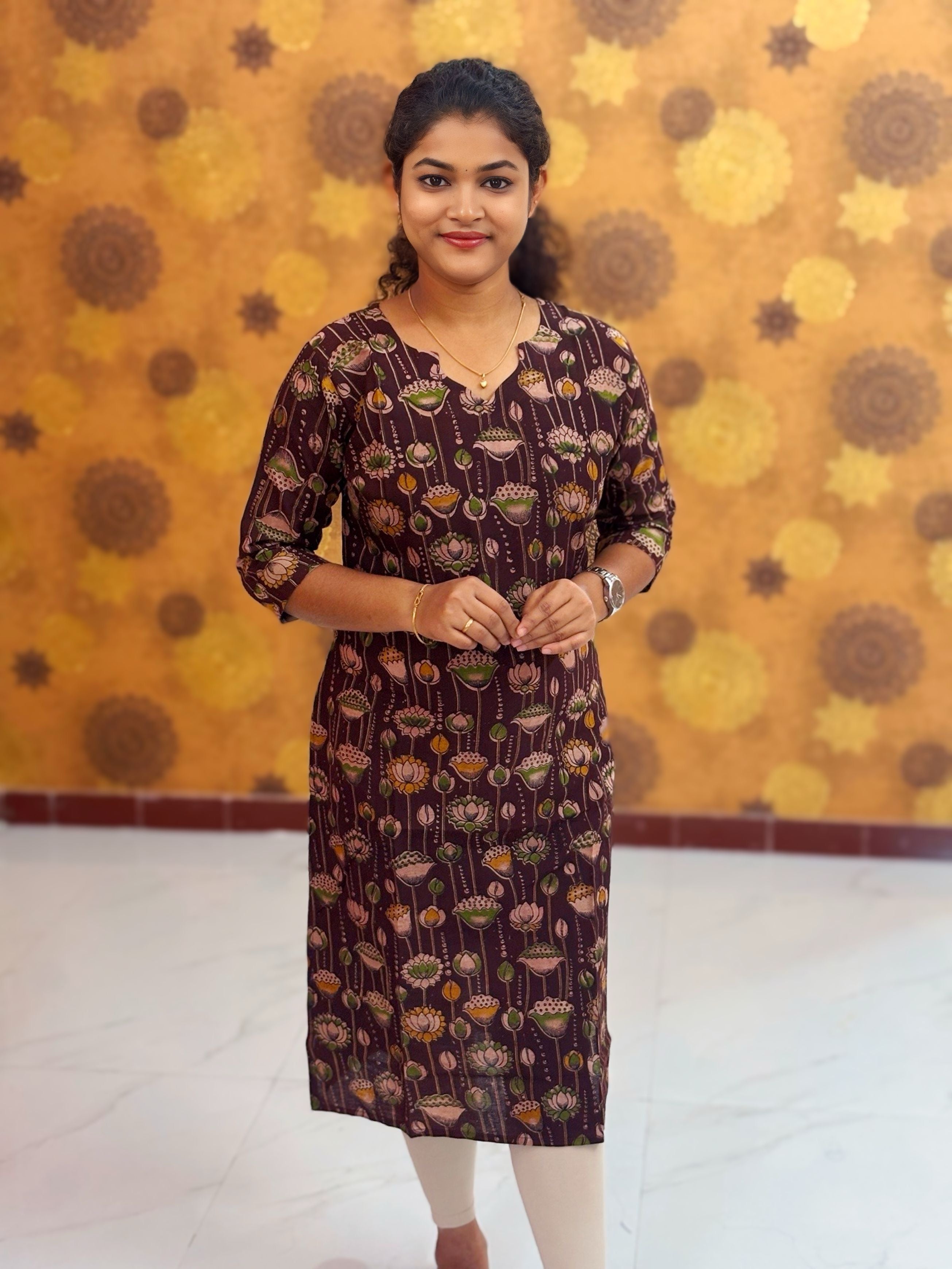 Kalamkari Hand Block Print with Lotus & Peacock Designs - KAL 1232