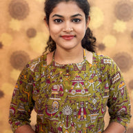 Kalamkari Hand Block Print with Lotus & Peacock Designs - KAL 1231