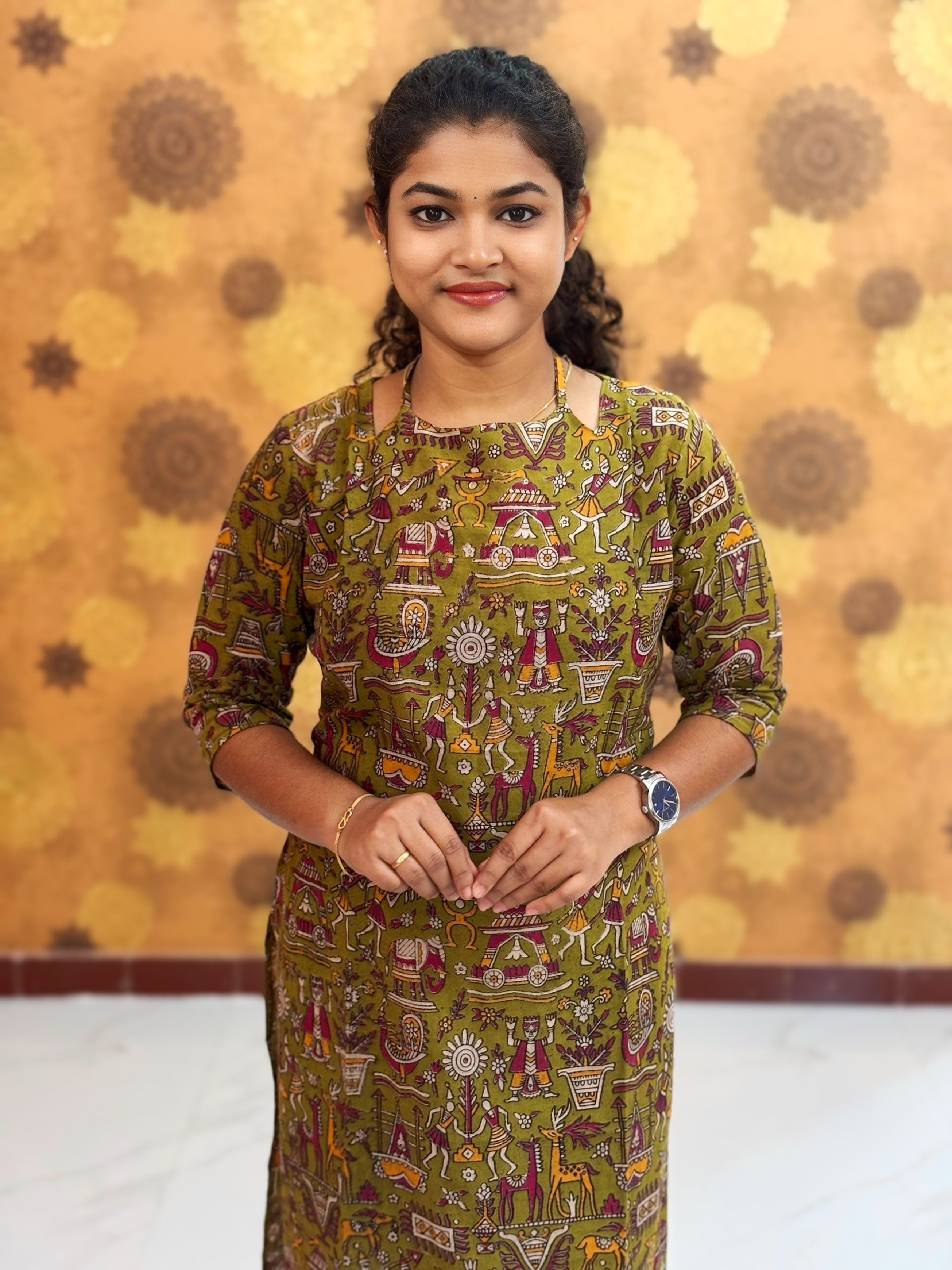 Kalamkari Hand Block Print with Lotus & Peacock Designs - KAL 1231