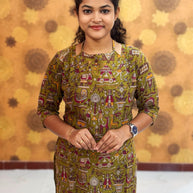 Kalamkari Hand Block Print with Lotus & Peacock Designs - KAL 1231
