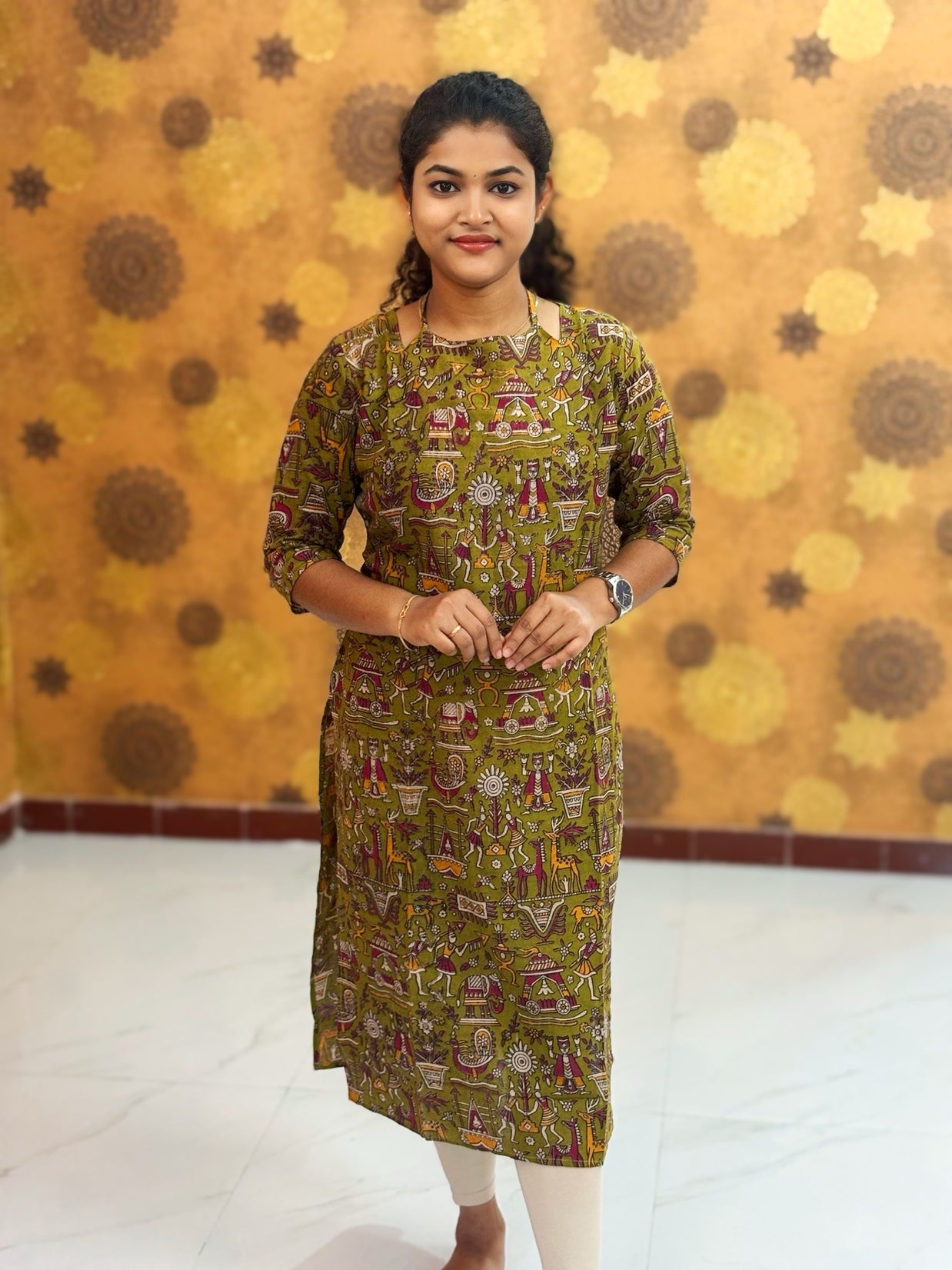 Kalamkari Hand Block Print with Lotus & Peacock Designs - KAL 1231