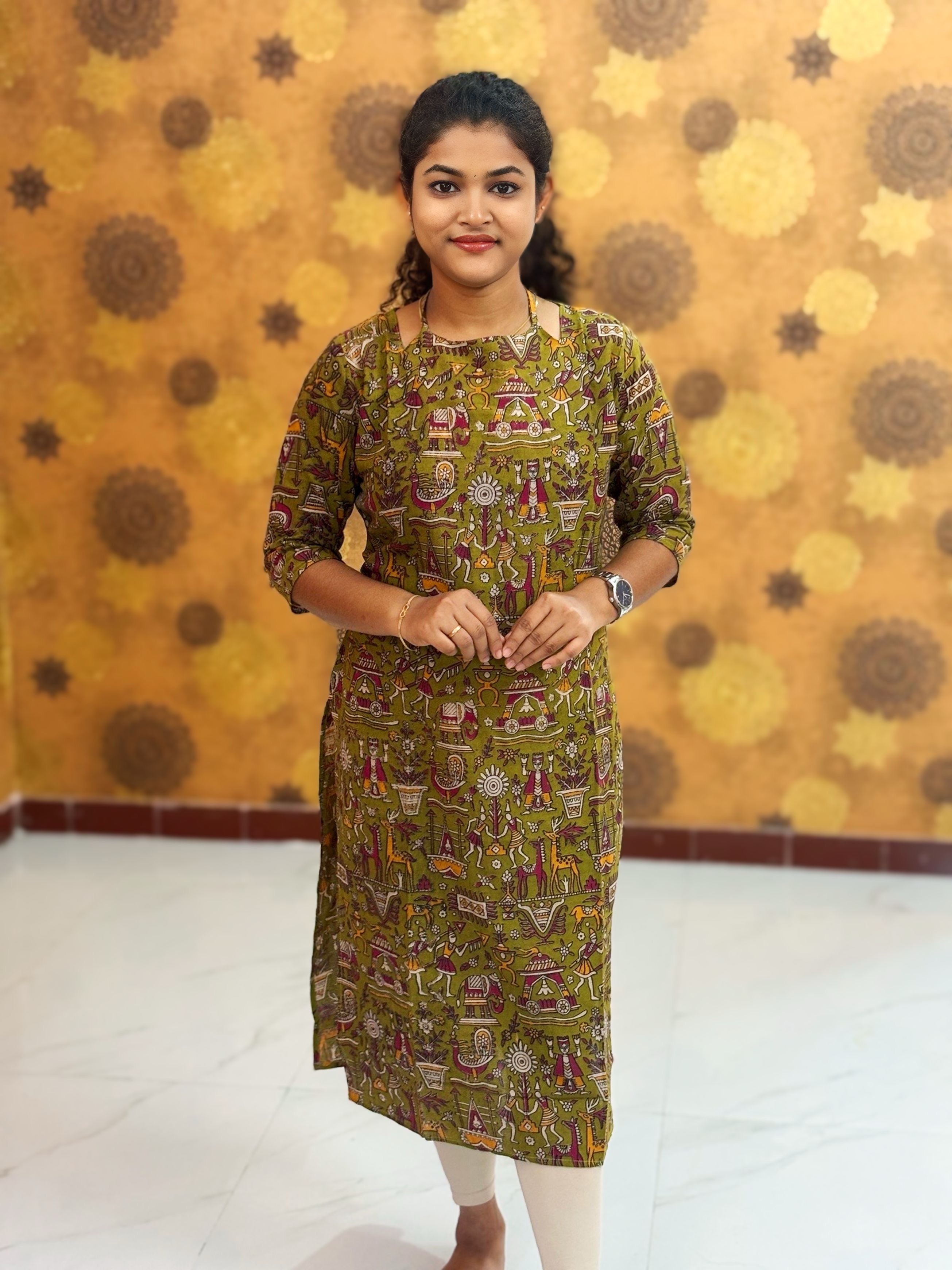 Kalamkari Hand Block Print with Lotus & Peacock Designs - KAL 1231
