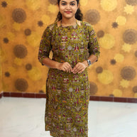 Kalamkari Hand Block Print with Lotus & Peacock Designs - KAL 1231