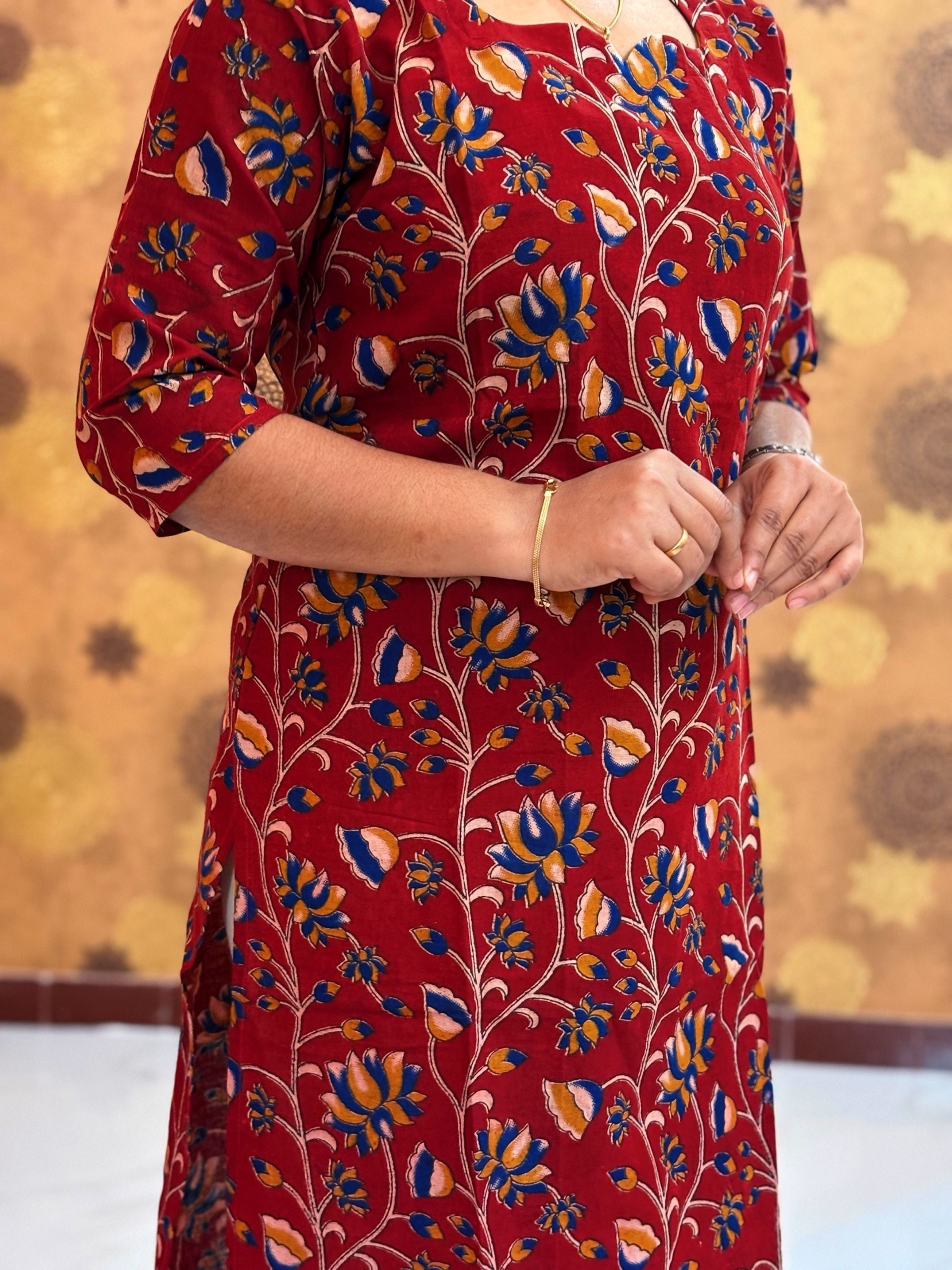 Kalamkari Hand Block Print with Lotus & Peacock Designs - KAL 1229
