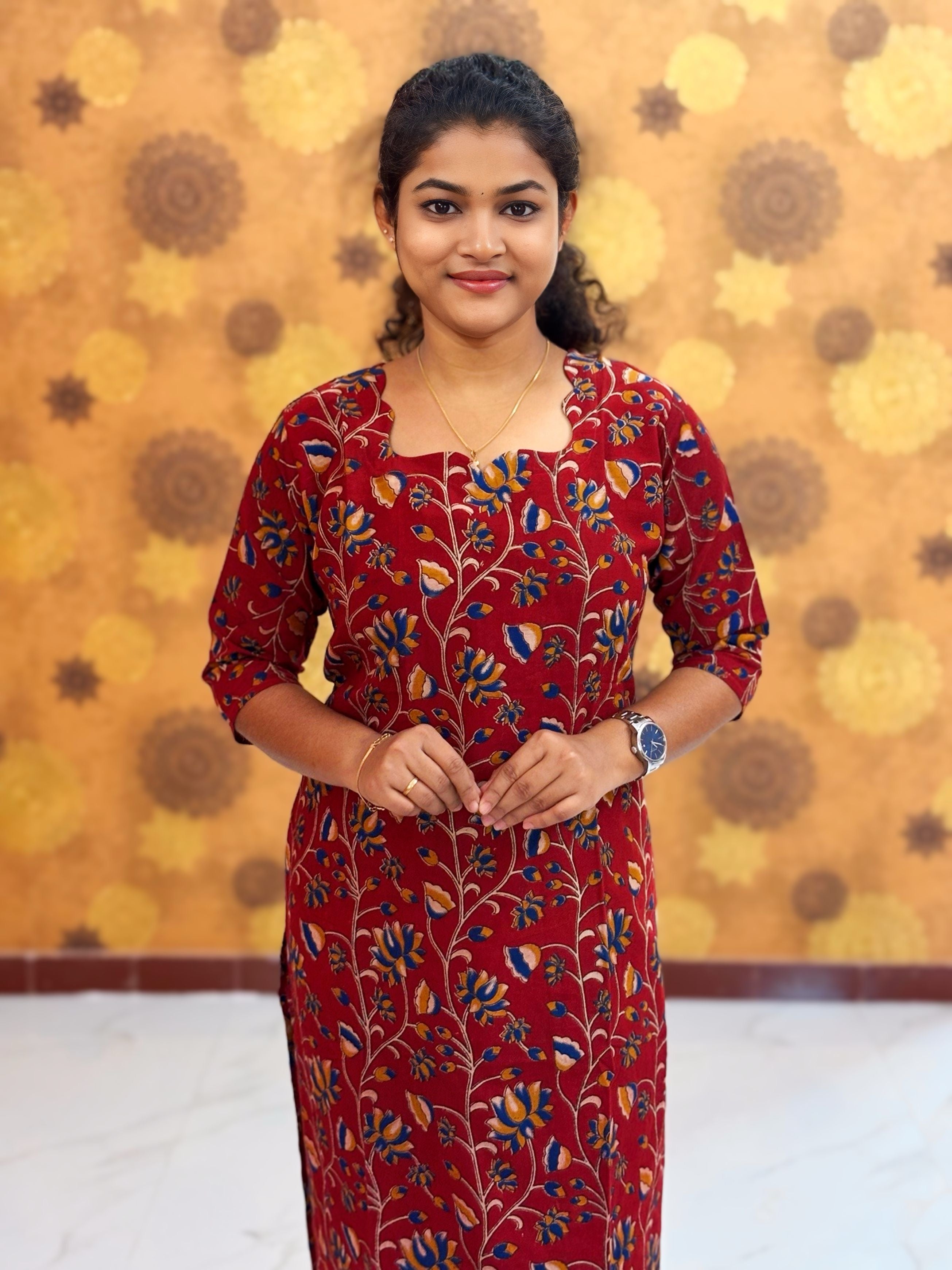 Kalamkari Hand Block Print with Lotus & Peacock Designs - KAL 1229