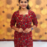 Kalamkari Hand Block Print with Lotus & Peacock Designs - KAL 1229