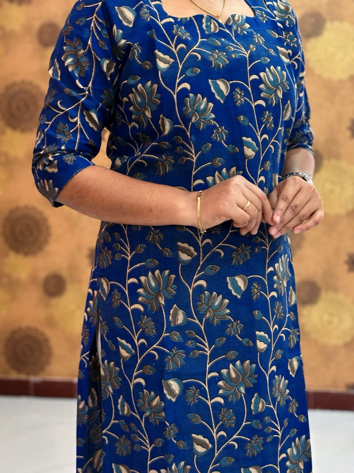 Kalamkari Hand Block Print with Lotus & Peacock Designs - KAL 1230