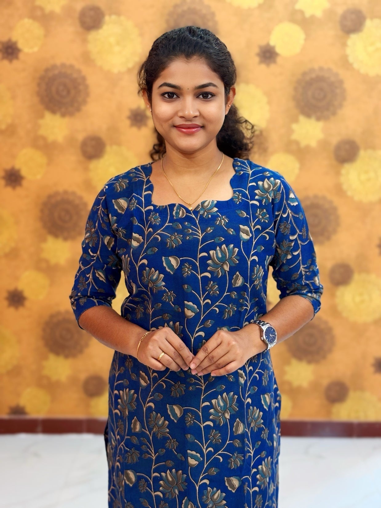 Kalamkari Hand Block Print with Lotus & Peacock Designs - KAL 1230