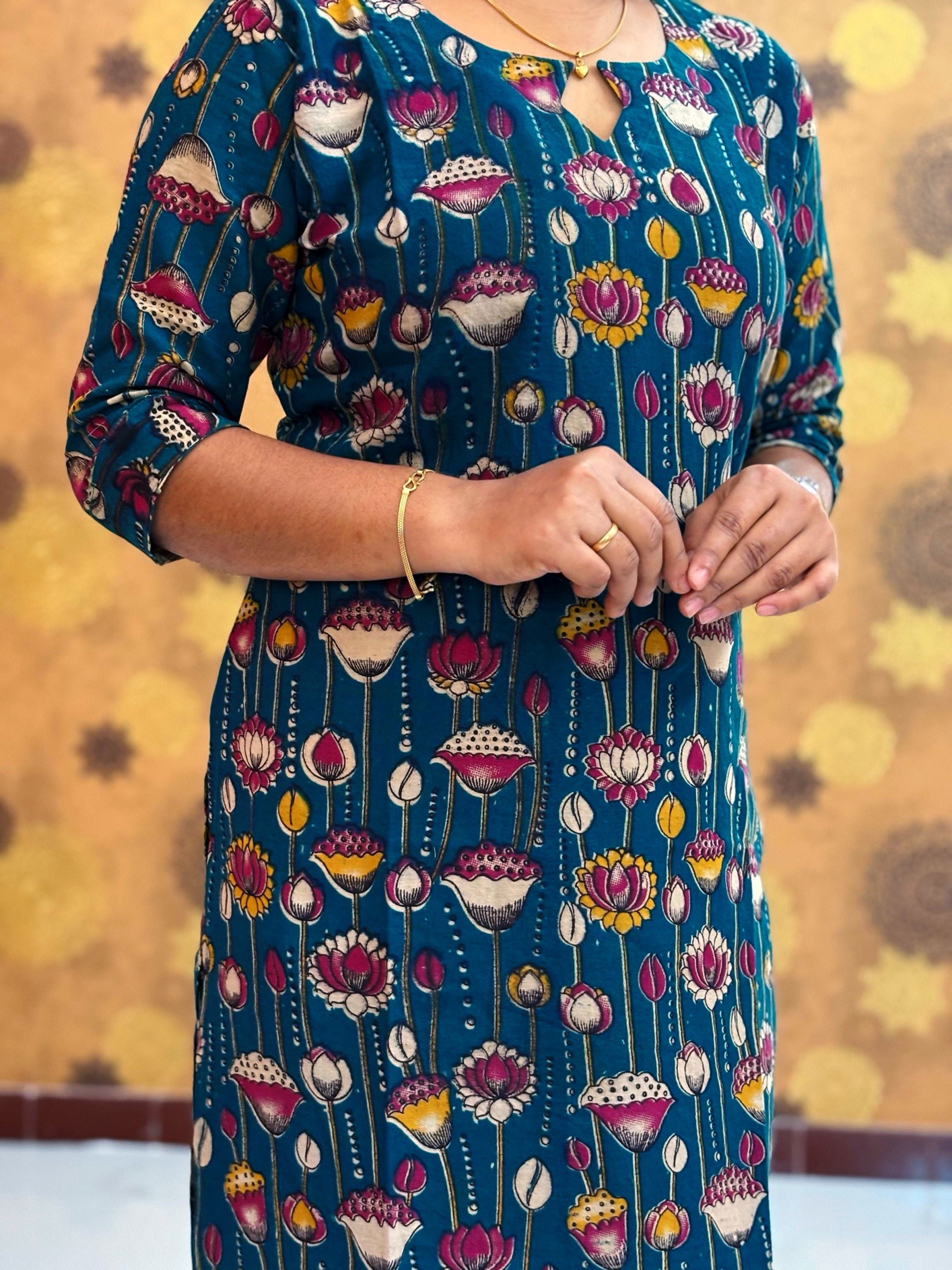 Kalamkari Hand Block Print with Lotus & Peacock Designs - KAL 1228