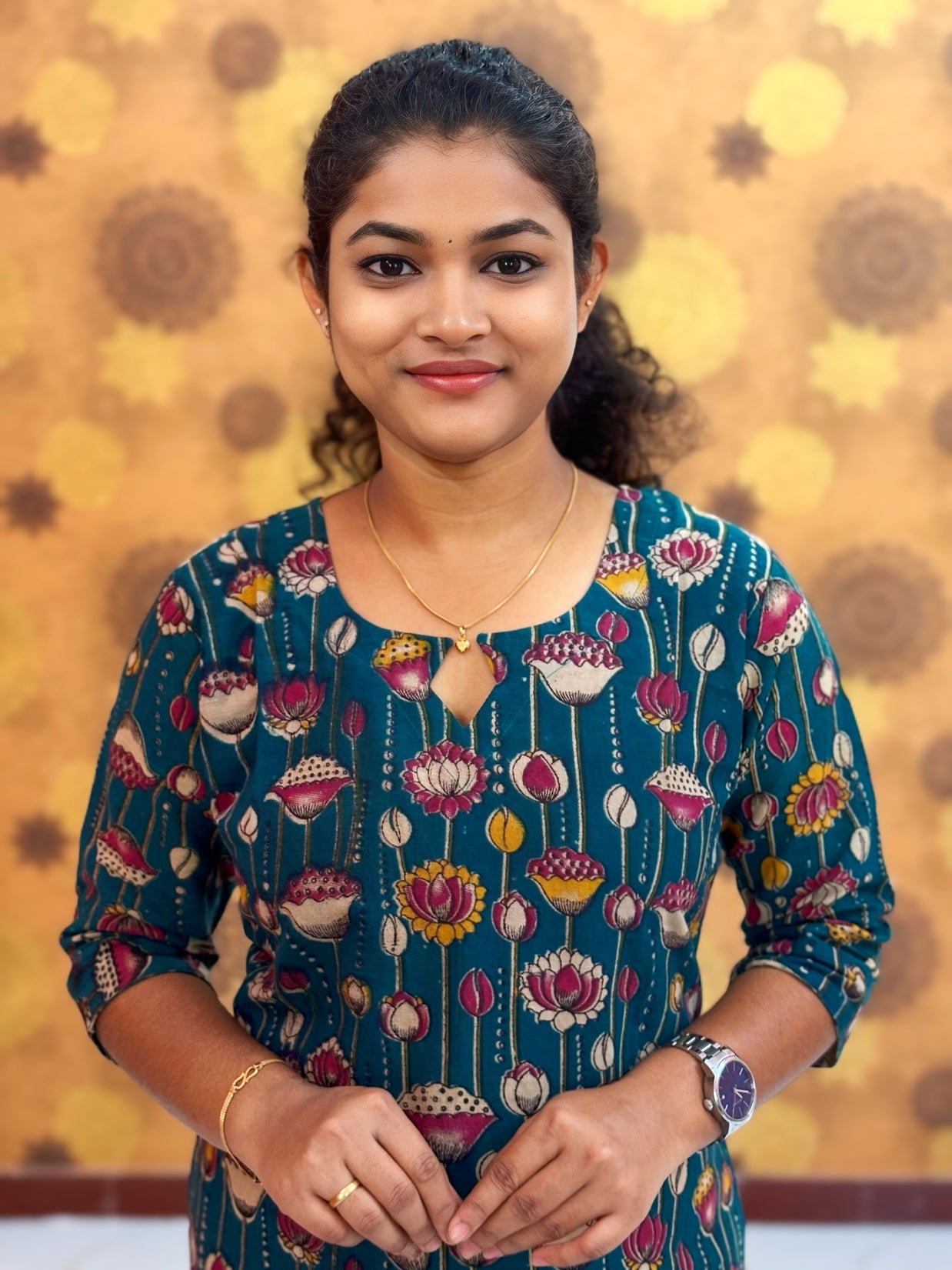 Kalamkari Hand Block Print with Lotus & Peacock Designs - KAL 1228