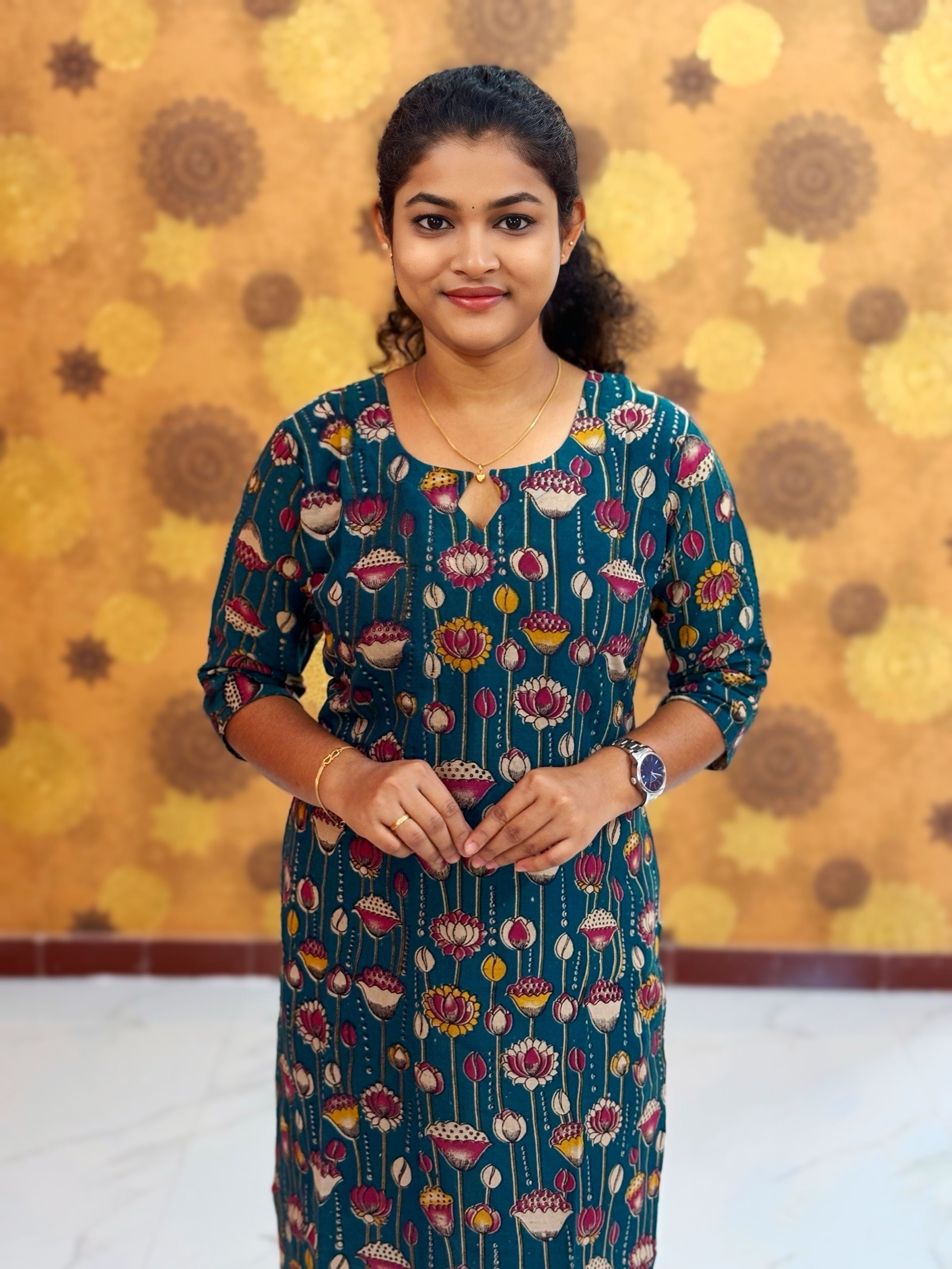 Kalamkari Hand Block Print with Lotus & Peacock Designs - KAL 1228