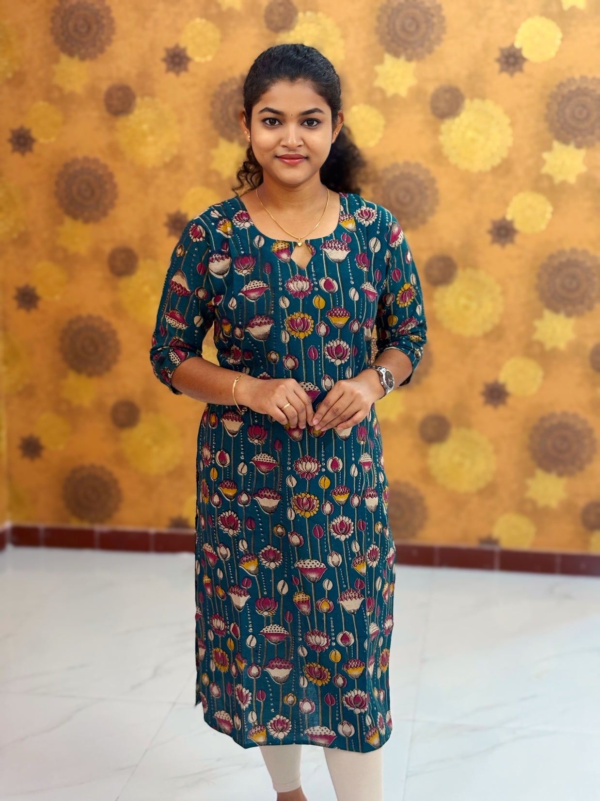 Kalamkari Hand Block Print with Lotus & Peacock Designs - KAL 1228