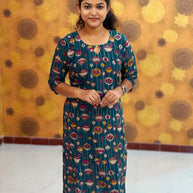 Kalamkari Hand Block Print with Lotus & Peacock Designs - KAL 1228