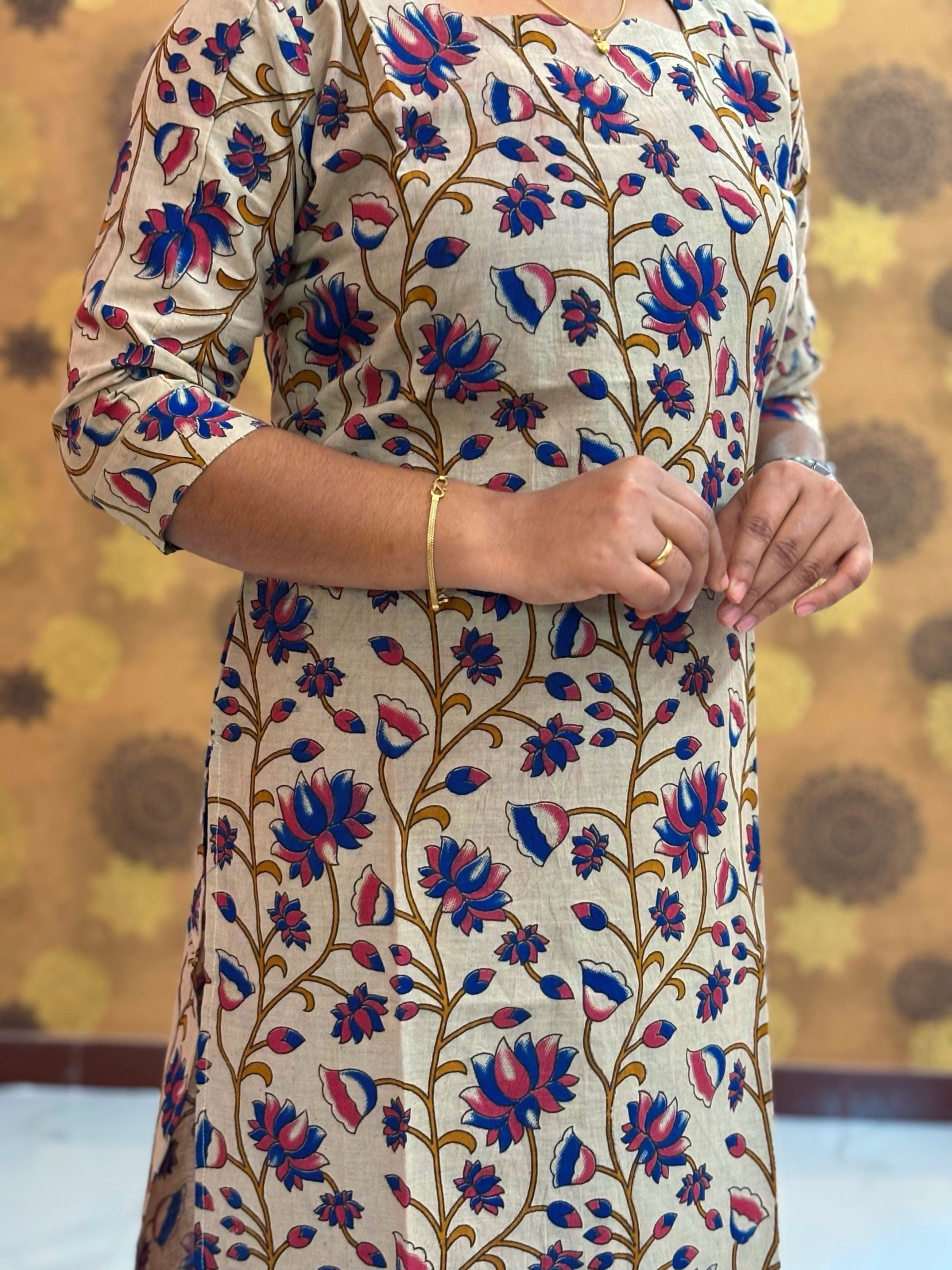 Kalamkari Hand Block Print with Lotus & Peacock Designs - KAL 1227