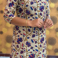 Kalamkari Hand Block Print with Lotus & Peacock Designs - KAL 1227