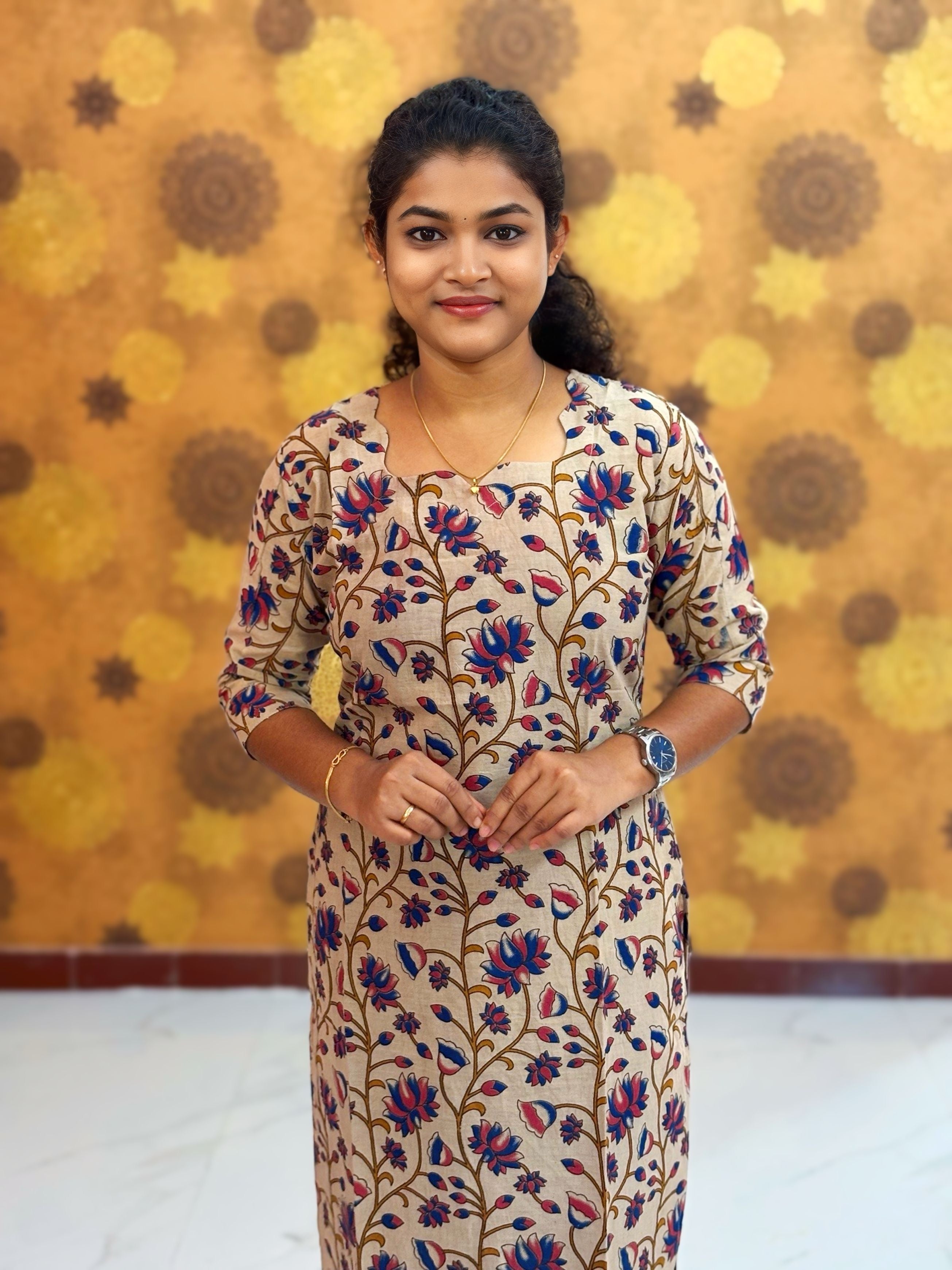Kalamkari Hand Block Print with Lotus & Peacock Designs - KAL 1227