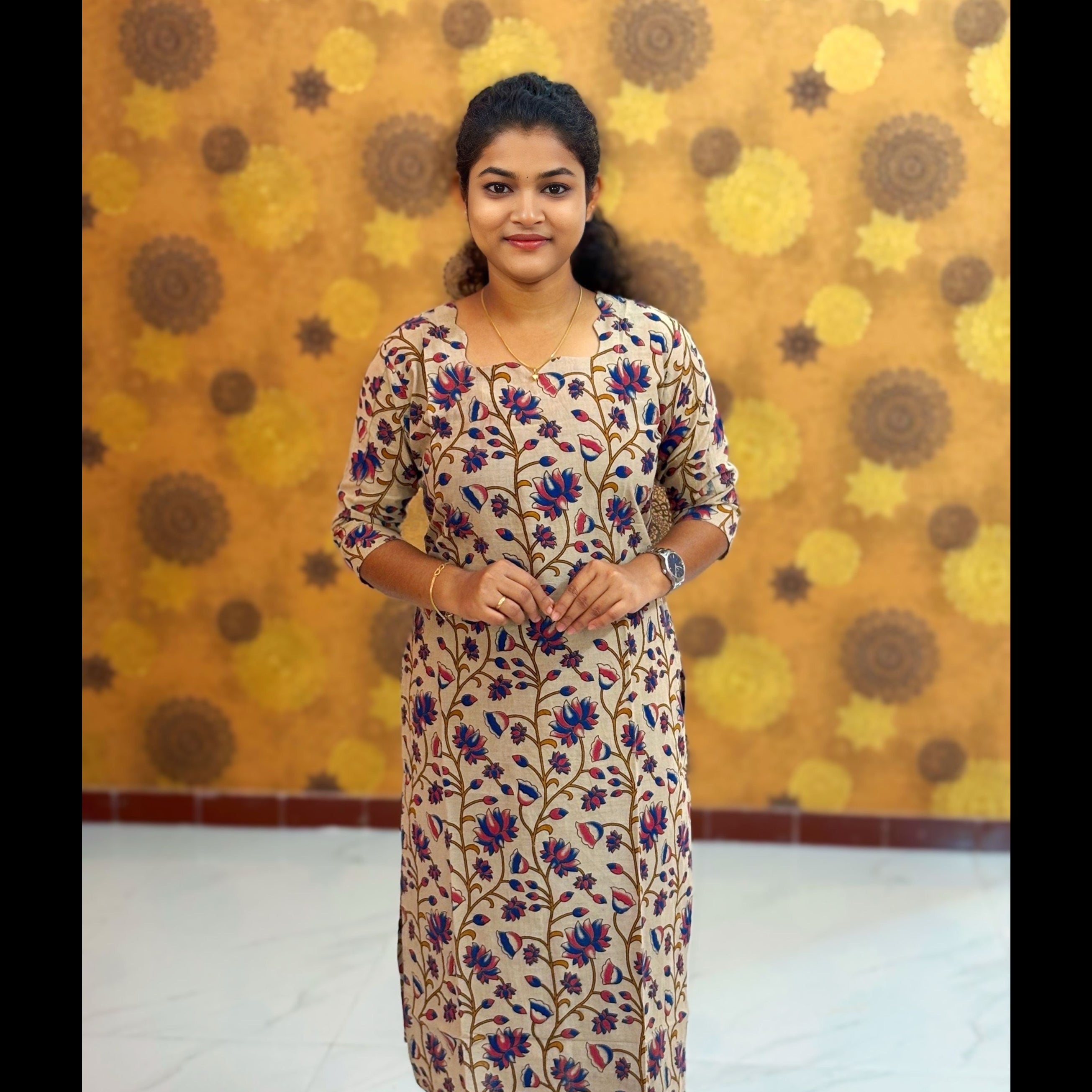 Kalamkari Hand Block Print with Lotus & Peacock Designs - KAL 1227