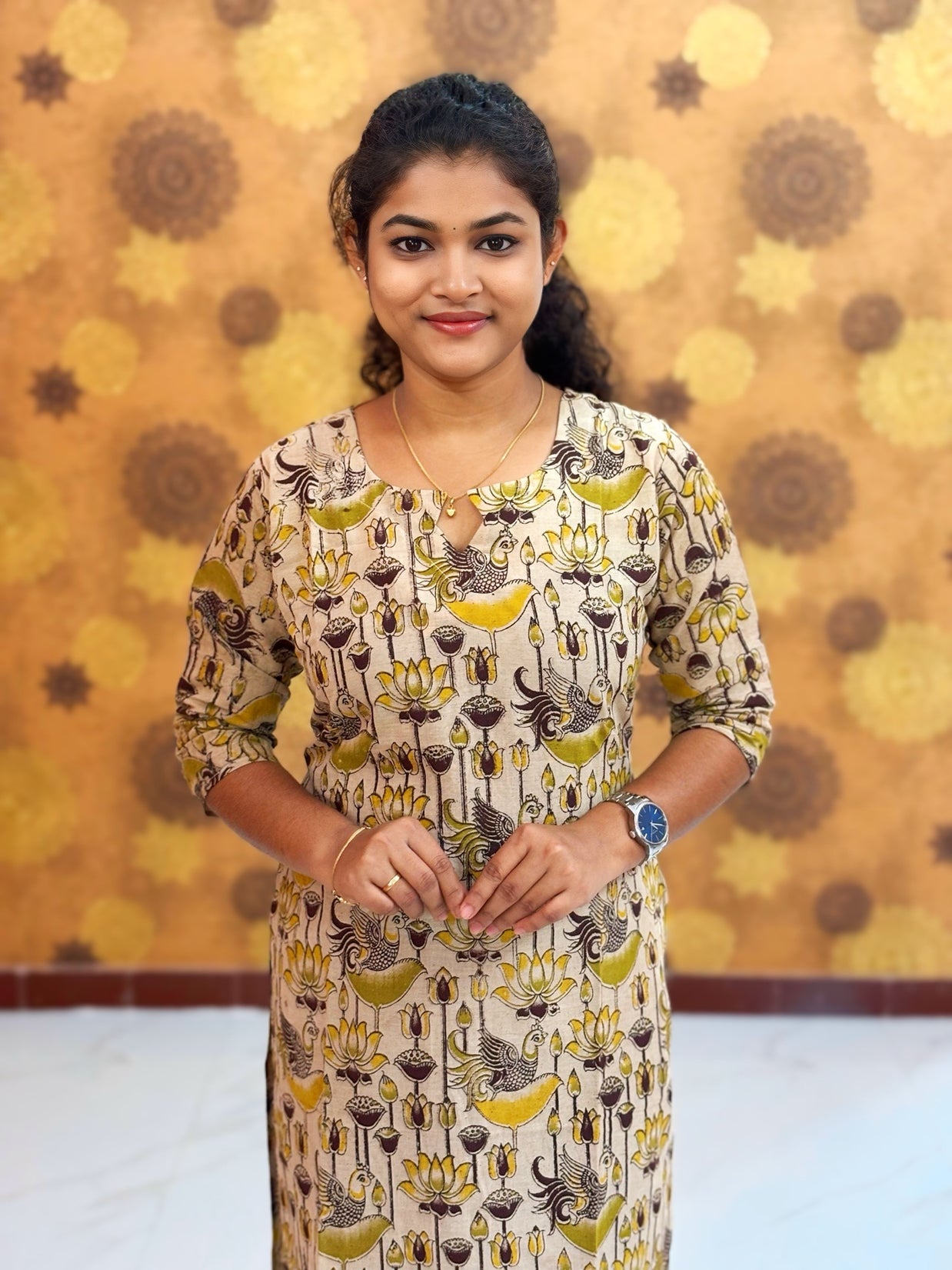 Kalamkari Hand Block Print with Lotus & Peacock Designs - KAL 1226