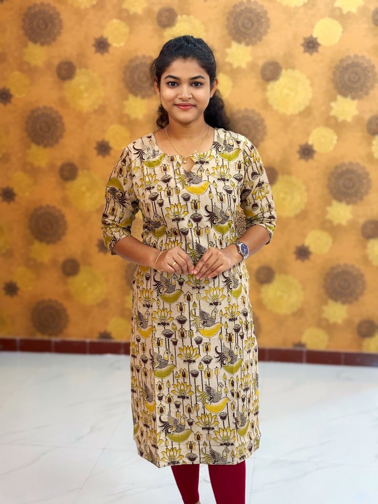 Kalamkari Hand Block Print with Lotus & Peacock Designs - KAL 1226