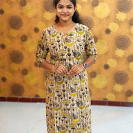 Kalamkari Hand Block Print with Lotus & Peacock Designs - KAL 1226