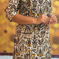 Kalamkari Hand Block Print with Lotus & Peacock Designs - KAL 1225