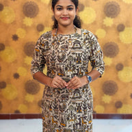Kalamkari Hand Block Print with Lotus & Peacock Designs - KAL 1225