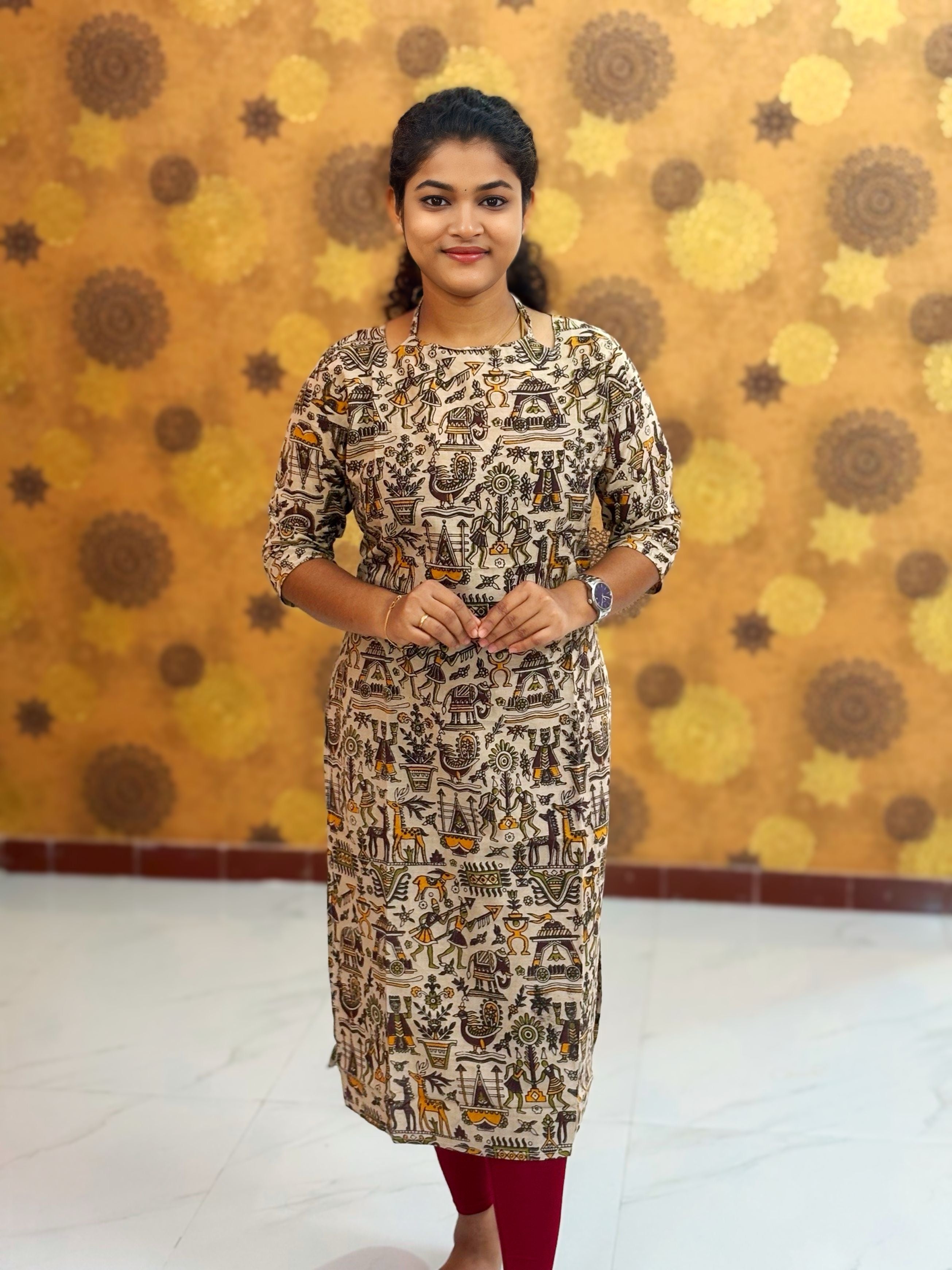 Kalamkari Hand Block Print with Lotus & Peacock Designs - KAL 1225