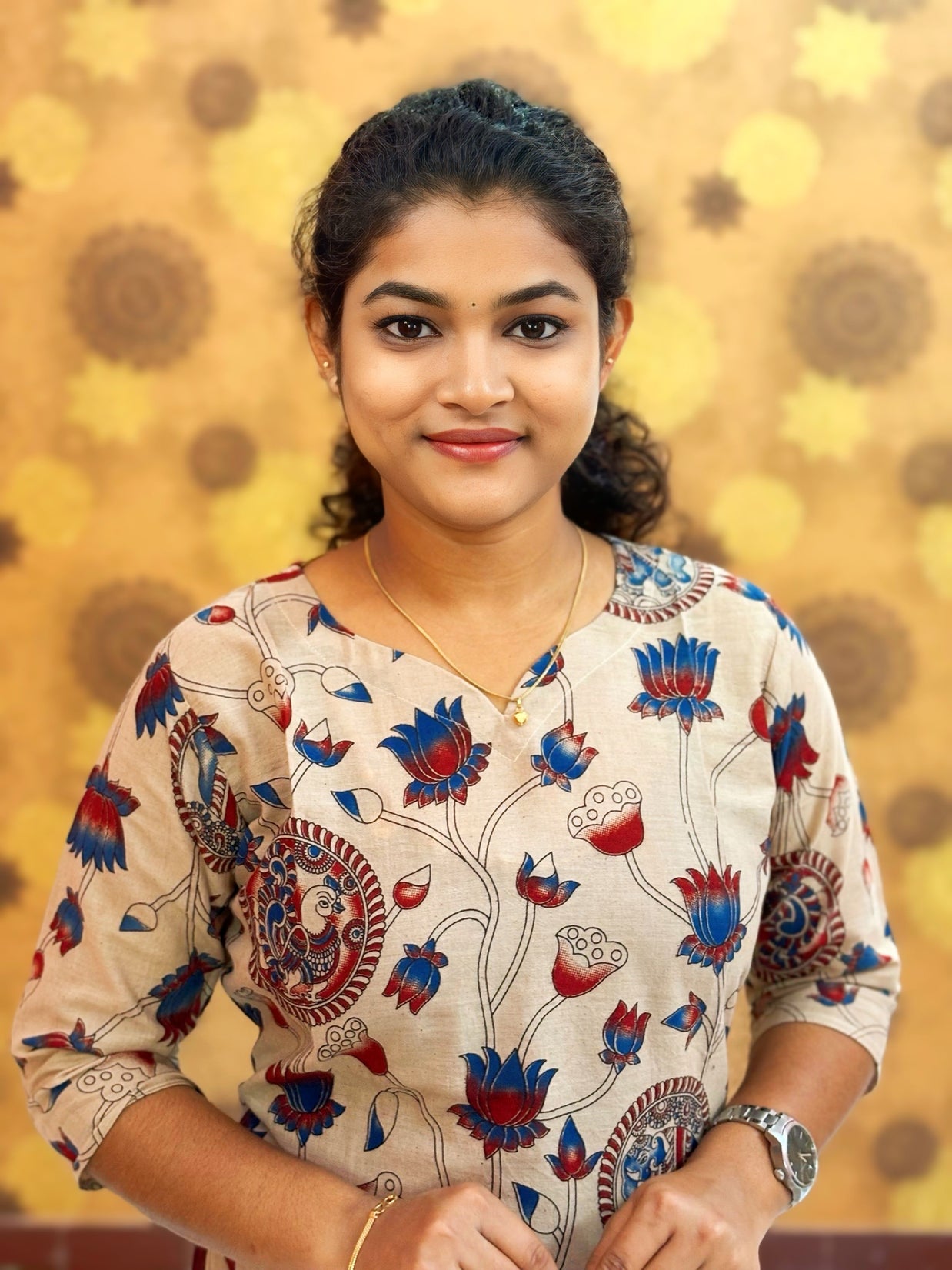 Kalamkari Hand Block Print with Lotus & Peacock Designs - KAL 1224