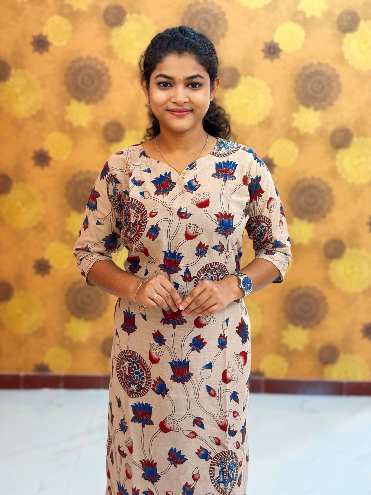 Kalamkari Hand Block Print with Lotus & Peacock Designs - KAL 1224